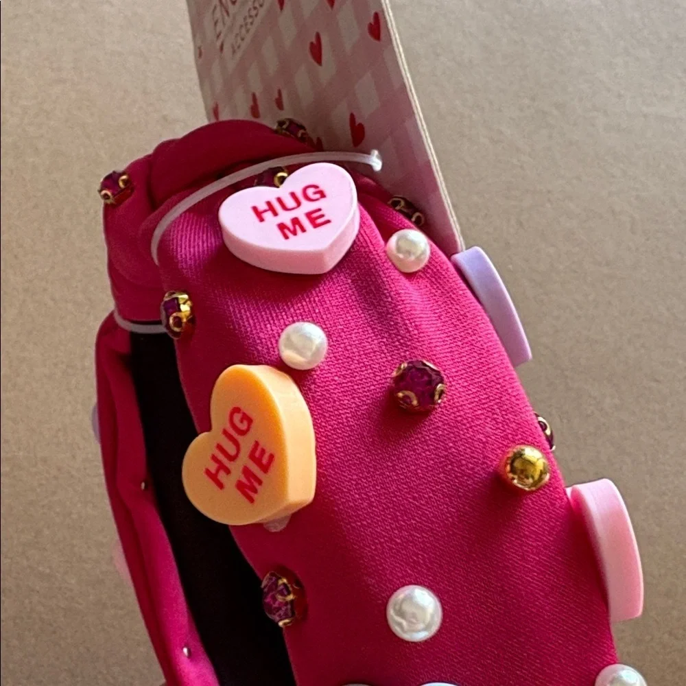 Hot pink Headband with faux candy Hearts, pearls, and rhinestone Accents